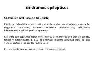 Síndromes epilépticos

Síndrome de West (espasmo del lactante)

Puede ser idiopática o sintomatica.se debe a diversas afecciones entre ella:
disgenecia cerebrales, esclerosis tuberosa, fenilcetonuria, infecciones
intrauterinas o lesión hipoxica-isquémica.

Las crisis son espasmos repentinos flexores o extensores que afectan cabeza,
tronco y extremidades. El ECG es anómalo, muestra actividad lenta de alto
voltaje, caótica y con puntas multifocales

El tratamiento de elección es corticotropina o prednisona.
 