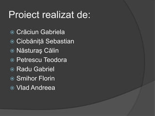 Proiect realizat de:
 Crăciun Gabriela
 Ciobăniţă Sebastian
 Năsturaş Călin
 Petrescu Teodora
 Radu Gabriel
 Smihor Florin
 Vlad Andreea
 