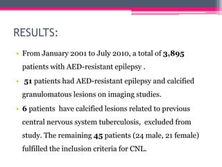 RESULTS:
• From January 2001 to July 2010, a total of 3,895
patients with AED-resistant epilepsy .

• 51 patients had AED-resistant epilepsy and calcified
granulomatous lesions on imaging studies.
• 6 patients have calcified lesions related to previous
central nervous system tuberculosis, excluded from
study. The remaining 45 patients (24 male, 21 female)
fulfilled the inclusion criteria for CNL.

 