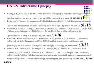 CNL & Intractable Epilepsy
•

Chung, C.K., Lee, S.K., Chi, J.G., 1998. Temporal lobe epilepsy caused by intrahippocampal

•
•

calcified cysticercus: a case report. Journal of Korean medical science 13, 445-448.
Rathore, C., Thomas, B., Kesavadas, C., Radhakrishnan, K., 2012. Calcified neurocysticercosis

•

lesions and hippocampal sclerosis: potential dual pathology? Epilepsia 53, e60-62.
Chandra, P.S., Bal, C., Garg, A., Gaikwad, S., Prasad, K., Sharma, B.S., Sarkar, C., Singh, M.B.,
Padma, V.M., Tripathi, M., 2010. Surgery for medically intractable epilepsy due to

•

postinfectious etiologies. Epilepsia 51, 1097-1100.
Leite, J.P., Terra-Bustamante, V.C., Fernandes, R.M., Santos, A.C., Chimelli, L., Sakamoto,
A.C., Assirati, J.A., Takayanagui, O.M., 2000. Calcified neurocysticercotic lesions and

;1

;6 /18.

; 4 /6

.; 3/32

•

postsurgery seizure control in temporal lobe epilepsy. Neurology 55, 1485-1491
Velasco, T.R., Zanello, P.A., Dalmagro, C.L., Araujo, D., Jr., Santos, A.C., Bianchin, M.M.,

Alexandre, V., Jr., Walz, R., Assirati, J.A., Carlotti, C.G., Jr., Takayanagui, O.M., Sakamoto,
A.C., Leite, J.P., 2006. Calcified cysticercotic lesions and intractable epilepsy: a cross sectional
study of 512 patients. Journal of neurology, neurosurgery, and psychiatry 77, 485-488.;

cases.

some

 