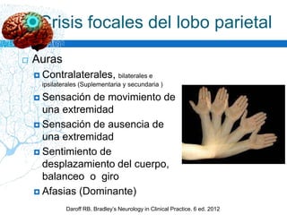  Auras
 Contralaterales, bilaterales e
ipsilaterales (Suplementaria y secundaria )
 Sensación de movimiento de
una extremidad
 Sensación de ausencia de
una extremidad
 Sentimiento de
desplazamiento del cuerpo,
balanceo o giro
 Afasias (Dominante)
Crisis focales del lobo parietal
Daroff RB. Bradley’s Neurology in Clinical Practice. 6 ed. 2012
 