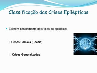 Classificação das Crises Epilépticas
 Existem basicamente dois tipos de epilepsia:
I. Crises Parciais (Focais)
II. Crises Generalizadas
 