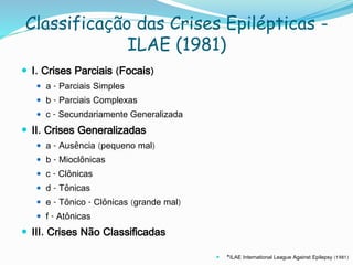 Classificação das Crises Epilépticas -
ILAE (1981)
 I. Crises Parciais (Focais)
 a - Parciais Simples
 b - Parciais Complexas
 c - Secundariamente Generalizada
 II. Crises Generalizadas
 a - Ausência (pequeno mal)
 b - Mioclônicas
 c - Clônicas
 d - Tônicas
 e - Tônico - Clônicas (grande mal)
 f - Atônicas
 III. Crises Não Classificadas
 *ILAE International League Against Epilepsy (1981)
 