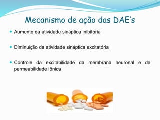 Mecanismo de ação das DAE’s
 Aumento da atividade sináptica inibitória
 Diminuição da atividade sináptica excitatória
 Controle da excitabilidade da membrana neuronal e da
permeabilidade iônica
 