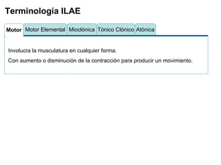 Tónico Clónico AtónicaMioclónicaMotor ElementalMotor
Involucra la musculatura en cualquier forma.
Con aumento o disminución de la contracción para producir un movimiento.
Terminología ILAE
 