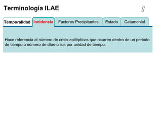 EstadoFactores PrecipitantesIncidenciaTemporalidad Catamenial
Terminología ILAE
Hace referencia al número de crisis epilépticas que ocurren dentro de un periodo
de tiempo o número de días-crisis por unidad de tiempo.

 