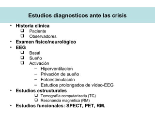 • Historia clínica
 Paciente
 Observadores
• Examen físico/neurológico
• EEG
 Basal
 Sueño
 Activación
– Hiperventilacion
– Privación de sueño
– Fotoestimulación
– Estudios prolongados de vídeo-EEG
• Estudios estructurales
 Tomografía computarizada (TC)
 Resonancia magnética (RM)
• Estudios funcionales: SPECT, PET, RM.
Estudios diagnosticos ante las crisis
 