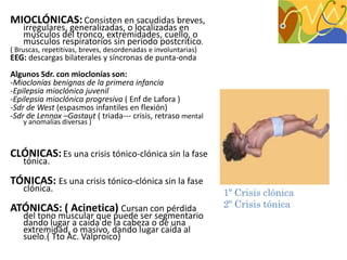 MIOCLÓNICAS:Consisten en sacudidas breves,
irregulares, generalizadas, o localizadas en
músculos del tronco, extremidades, cuello, o
músculos respiratorios sin periodo postcrítico.
( Bruscas, repetitivas, breves, desordenadas e involuntarias)
EEG: descargas bilaterales y síncronas de punta-onda
Algunos Sdr. con mioclonías son:
-Mioclonías benignas de la primera infancia
-Epilepsia mioclónica juvenil
-Epilepsia mioclónica progresiva ( Enf de Lafora )
-Sdr de West (espasmos infantiles en flexión)
-Sdr de Lennox –Gastaut ( triada--- crisis, retraso mental
y anomalías diversas )
CLÓNICAS:Es una crisis tónico-clónica sin la fase
tónica.
TÓNICAS: Es una crisis tónico-clónica sin la fase
clónica.
ATÓNICAS: ( Acinetica) Cursan con pérdida
del tono muscular que puede ser segmentario
dando lugar a caída de la cabeza o de una
extremidad, o masivo, dando lugar caída al
suelo.( Tto Ac. Valproico)
1º Crisis clónica
2º Crisis tónica
 