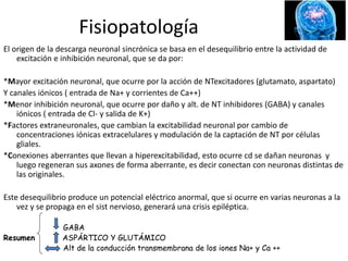El origen de la descarga neuronal sincrónica se basa en el desequilibrio entre la actividad de
excitación e inhibición neuronal, que se da por:
*Mayor excitación neuronal, que ocurre por la acción de NTexcitadores (glutamato, aspartato)
Y canales iónicos ( entrada de Na+ y corrientes de Ca++)
*Menor inhibición neuronal, que ocurre por daño y alt. de NT inhibidores (GABA) y canales
iónicos ( entrada de Cl- y salida de K+)
*Factores extraneuronales, que cambian la excitabilidad neuronal por cambio de
concentraciones iónicas extracelulares y modulación de la captación de NT por células
gliales.
*Conexiones aberrantes que llevan a hiperexcitabilidad, esto ocurre cd se dañan neuronas y
luego regeneran sus axones de forma aberrante, es decir conectan con neuronas distintas de
las originales.
Este desequilibrio produce un potencial eléctrico anormal, que si ocurre en varias neuronas a la
vez y se propaga en el sist nervioso, generará una crisis epiléptica.
GABA
Resumen ASPÁRTICO Y GLUTÁMICO
Alt de la conducción transmembrana de los iones Na+ y Ca ++
Fisiopatología
 