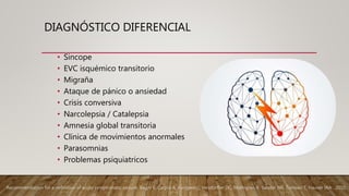 DIAGNÓSTICO DIFERENCIAL
• Sincope
• EVC isquémico transitorio
• Migraña
• Ataque de pánico o ansiedad
• Crisis conversiva
• Narcolepsia / Catalepsia
• Amnesia global transitoria
• Clínica de movimientos anormales
• Parasomnias
• Problemas psiquiatricos
Recommendation for a definition of acute symptomatic seizure. Beghi E, Carpio A, Forsgren L, Hesdorffer DC, Malmgren K, Sander JW, Tomson T, Hauser WA . 2010.
 
