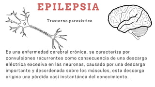 EPILEPSIA
Trastorno paroxístico
Es una enfermedad cerebral crónica, se caracteriza por
convulsiones recurrentes como consecuencia de una descarga
eléctrica excesiva en las neuronas, causado por una descarga
importante y desordenada sobre los músculos, esta descarga
origina una pérdida casi instantánea del conocimiento.
 