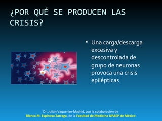 ¿POR QUÉ SE PRODUCEN LAS CRISIS? Una carga/descarga excesiva y descontrolada de grupo de neuronas provoca una crisis epilépticas Dr. Julián Vaquerizo-Madrid, con la colaboración de Blanca M. Espinosa Zarraga , de la  Facultad de Medicina UPAEP de México 