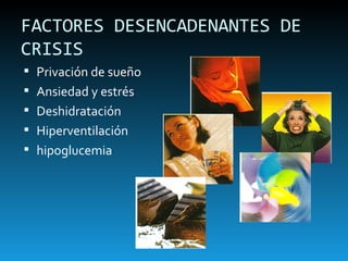 FACTORES DESENCADENANTES DE CRISIS Privación de sueño Ansiedad y estrés Deshidratación  Hiperventilación  hipoglucemia 