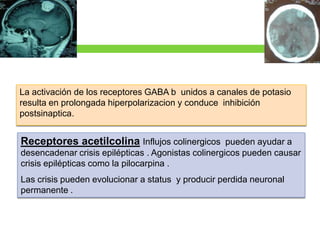 La activación de los receptores GABA b unidos a canales de potasio
resulta en prolongada hiperpolarizacion y conduce inhibición
postsinaptica.


Receptores acetilcolina Influjos colinergicos pueden ayudar a
desencadenar crisis epilépticas . Agonistas colinergicos pueden causar
crisis epilépticas como la pilocarpina .
Las crisis pueden evolucionar a status y producir perdida neuronal
permanente .
 