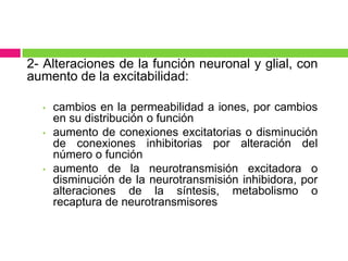 2- Alteraciones de la función neuronal y glial, con
aumento de la excitabilidad:

  •   cambios en la permeabilidad a iones, por cambios
      en su distribución o función
  •   aumento de conexiones excitatorias o disminución
      de conexiones inhibitorias por alteración del
      número o función
  •   aumento de la neurotransmisión excitadora o
      disminución de la neurotransmisión inhibidora, por
      alteraciones de la síntesis, metabolismo o
      recaptura de neurotransmisores
 