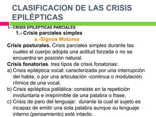 CLASIFICACION DE LAS CRISIS
  EPILÉPTICAS
I.- CRISIS EPILÉPTICAS PARCIALES
     1.- Crisis parciales simples
              a.-Signos Motores
Crisis posturales. Crisis parciales simples durante las
   cuales el cuerpo adopta una actitud forzada o no se
   encuentra en posición natural.
Crisis fonatorias. tres tipos de crisis fonatorias:
a) Crisis epiléptica vocal: caracterizada por una interrupción
   del habla, o por una articulación -continua o modulación
   rítmica de una vocal,
b) Crisis epiIéptica palilálica: consiste en la repetición
   involuntaria e irreprimible de una palabra o frase,
c) Crisis de paro del lenguaje: durante la cual el sujeto es
   incapaz de emitir una sola palabra aunque su lenguaje
   interno (pensamiento) esté intacto.
 