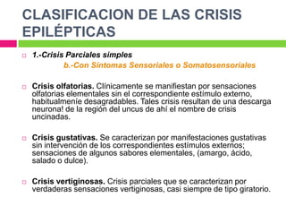 CLASIFICACION DE LAS CRISIS
EPILÉPTICAS
   1.-Crisis Parciales simples
             b.-Con Síntomas Sensoriales o Somatosensoriales

   Crisis olfatorias. Clínicamente se manifiestan por sensaciones
    olfatorias elementales sin el correspondiente estímulo externo,
    habitualmeníe desagradables. Tales crisis resultan de una descarga
    neurona! de la región del uncus de ahí el nombre de crisis
    uncinadas.

   Crisis gustativas. Se caracterizan por manifestaciones gustativas
    sin intervención de los correspondientes estímulos externos;
    sensaciones de algunos sabores elementales, (amargo, ácido,
    salado o dulce).

   Crisis vertiginosas. Crisis parciales que se caracterizan por
    verdaderas sensaciones vertiginosas, casi siempre de tipo giratorio.
 
