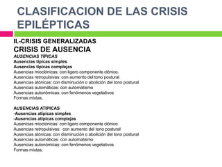 CLASIFICACION DE LAS CRISIS
 EPILÉPTICAS
II.-CRISIS GENERALIZADAS
CRISIS DE AUSENCIA
AUSENCIAS TÍPICAS
Ausencias típicas simples
Ausencias típicas complejas
Ausencias mioclónicas: con ligero componente clónico.
Ausencias retropulsivas: con aumento del tono postural
Ausencias atónicas: con disminución o abolición del tono postural
Ausencias automáticas: con automatismo
Ausencias autonómicas: con fenómenos vegetativos
Formas mixtas.

AUSENCIAS ATIPICAS
-Ausencias atípicas simples
-Ausencias atípicas complejas
Ausencias mioclónicas: con ligero componente clónico
Ausencias retropulsivas: con aumento del tono postural
Ausencias atónicas: con disminución o abolición del tono postural
Ausencias automáticas: con automatismo
Ausencias autonómicas: con fenómenos vegetativos
Formas mixtas.
 