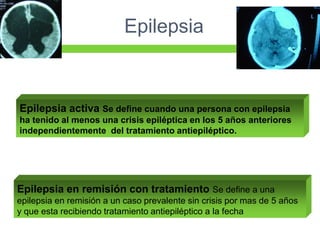 Epilepsia



Epilepsia activa Se define cuando una persona con epilepsia
ha tenido al menos una crisis epiléptica en los 5 años anteriores
independientemente del tratamiento antiepiléptico.




Epilepsia en remisión con tratamiento Se define a una
epilepsia en remisión a un caso prevalente sin crisis por mas de 5 años
y que esta recibiendo tratamiento antiepiléptico a la fecha
 