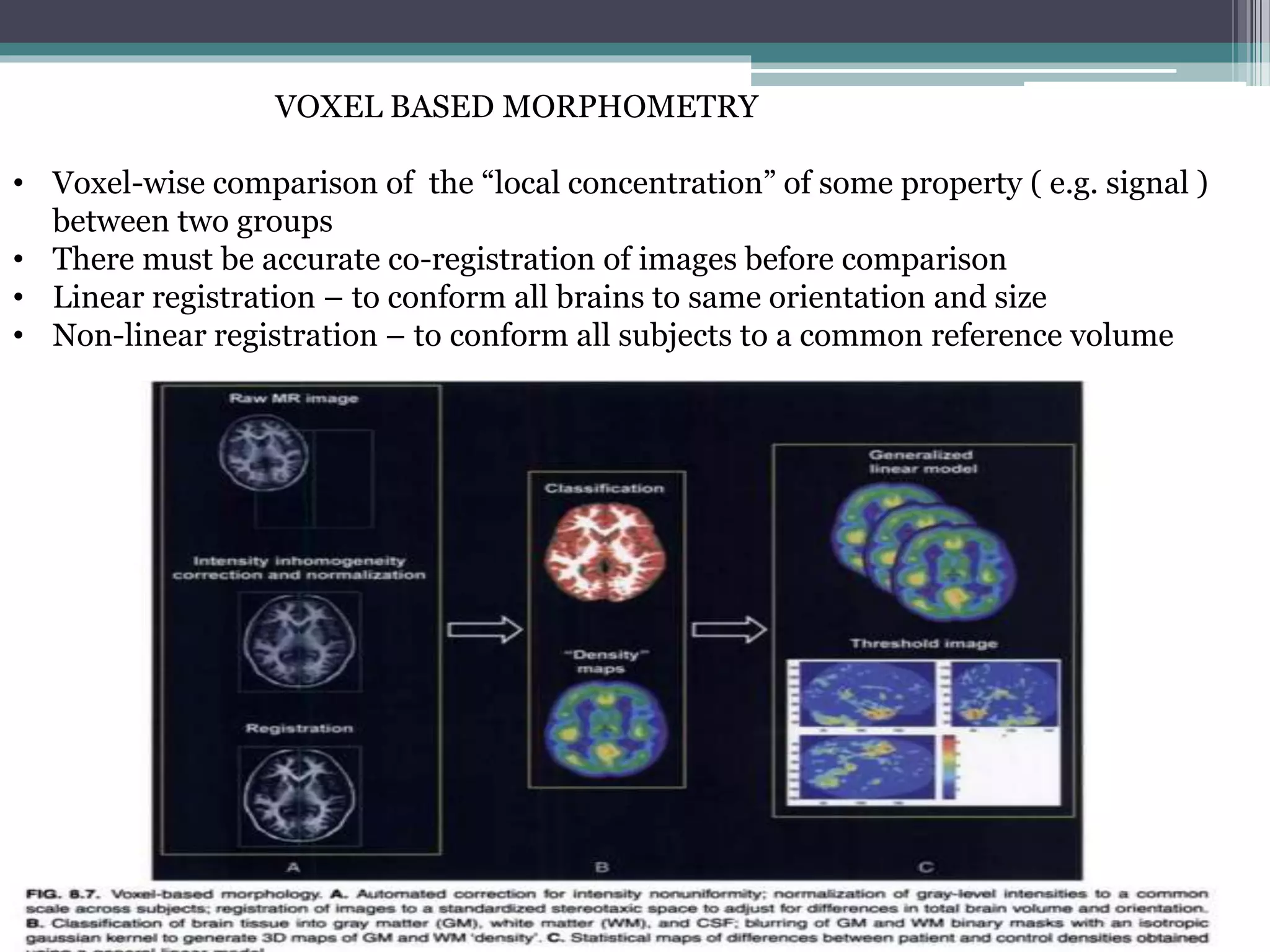 VOXEL BASED MORPHOMETRY
• Voxel-wise comparison of the “local concentration” of some property ( e.g. signal )
between two groups
• There must be accurate co-registration of images before comparison
• Linear registration – to conform all brains to same orientation and size
• Non-linear registration – to conform all subjects to a common reference volume
 