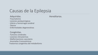 Causas de la Epilepsia
Adquiridas.
- Traumatismo
- Lesiones postquirúrgicas
- Infarto y hemorragia cerebral
- Tóxicos
- Enfermedades degenerativas
Congénitas.
- Tumores cerebrales
- Lesiones intrauterinas
- Malformaciones vasculares
- Anomalías Cromosómicas
Trastornos congénitos del metabolismo
Hereditarias.
 