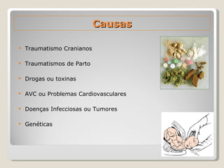 Causas Traumatismo Cranianos Traumatismos de Parto Drogas ou toxinas AVC ou Problemas Cardiovasculares Doenças Infecciosas ou Tumores Genéticas 
