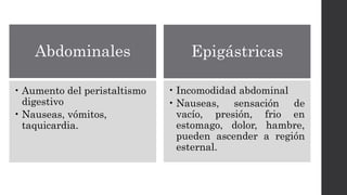 Abdominales
• Aumento del peristaltismo
digestivo
• Nauseas, vómitos,
taquicardia.
Epigástricas
• Incomodidad abdominal
• Nauseas, sensación de
vacío, presión, frio en
estomago, dolor, hambre,
pueden ascender a región
esternal.
 