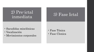 2) Pre-ictal
inmediata
• Sacudidas mioclónicas
• Vocalización
• Movimientos corporales
3) Fase Ictal
• Fase Tónica
• Fase Clonica
 