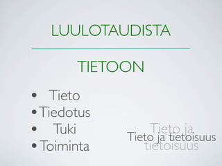 LUULOTAUDISTA

       TIETOON
• Tieto
•Tiedotus
• Tuki           Tieto ja
             Tieto ja tietoisuus
• Toiminta      tietoisuus
 