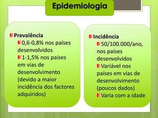 D.Sulemane
5
Prevalência
0,6-0,8% nos países
desenvolvidos
1-1,5% nos países
em vias de
desenvolvimento
(devido a maior
incidência dos factores
adquiridos)
Incidência
50/100.000/ano,
nos países
desenvolvidos
Variável nos
países em vias de
desenvolvimento
(poucos dados)
Varia com a idade
Epidemiologia
 