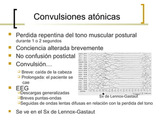 Convulsiones atónicas
 Perdida repentina del tono muscular postural
durante 1 o 2 segundos
 Conciencia alterada brevemente
 No confusión postictal
 Convulsión…
 EEG
 Se ve en el Sx de Lennox-Gastaut
 Breve: caída de la cabeza
 Prolongada: el paciente se
cae
Descargas generalizadas
Breves puntas-ondas
Seguidas de ondas lentas difusas en relación con la perdida del tono
Sx de Lennox-Gastaut
 