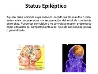 Status Epiléptico
Aquella crisis comicial cuya duración excede los 30 minutos o bien,
varias crisis encadenadas sin recuperación del nivel de conciencia
entre ellas. Puede ser convulsivo o no convulsivo (suelen presentarse
como alteración del comportamiento o del nivel de conciencia), parcial
o generalizado.
 