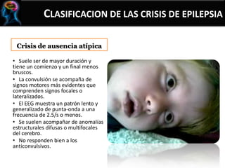 Crisis de ausencia atípica
CLASIFICACION DE LAS CRISIS DE EPILEPSIA
• Suele ser de mayor duración y
tiene un comienzo y un final menos
bruscos.
• La convulsión se acompaña de
signos motores más evidentes que
comprenden signos focales o
lateralizados.
• El EEG muestra un patrón lento y
generalizado de punta-onda a una
frecuencia de 2.5/s o menos.
• Se suelen acompañar de anomalías
estructurales difusas o multifocales
del cerebro.
• No responden bien a los
anticonvulsivos.
 