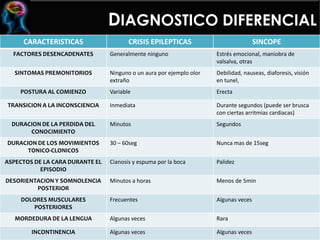 DIAGNOSTICO DIFERENCIAL
CARACTERISTICAS CRISIS EPILEPTICAS SINCOPE
FACTORES DESENCADENATES Generalmente ninguno Estrés emocional, maniobra de
valsalva, otras
SINTOMAS PREMONITORIOS Ninguno o un aura por ejemplo olor
extraño
Debilidad, nauseas, diaforesis, visión
en tunel,
POSTURA AL COMIENZO Variable Erecta
TRANSICION A LA INCONSCIENCIA Inmediata Durante segundos (puede ser brusca
con ciertas arritmias cardiacas)
DURACION DE LA PERDIDA DEL
CONOCIMIENTO
Minutos Segundos
DURACION DE LOS MOVIMIENTOS
TONICO-CLONICOS
30 – 60seg Nunca mas de 15seg
ASPECTOS DE LA CARA DURANTE EL
EPISODIO
Cianosis y espuma por la boca Palidez
DESORIENTACION Y SOMNOLENCIA
POSTERIOR
Minutos a horas Menos de 5min
DOLORES MUSCULARES
POSTERIORES
Frecuentes Algunas veces
MORDEDURA DE LA LENGUA Algunas veces Rara
INCONTINENCIA Algunas veces Algunas veces
 