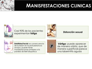 MANISFESTACIONES CLINICAS
Casi 90% de los pacientes
experimentan fatiga
Disfunción sexual
Debilidad facial: es consecuencia
de la lesión en la protuberancia
anular y puede tener
manifestaciones similares a la
parálisis de Bell idiopática
Vértigo: puede aparecer
de manera súbita, que de
manera superficial parece
una laberintitis aguda
 