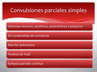 Convulsiones parciales simples

Síntomas motores, sensitivos, autonómicos o psíquicos

Sin compromiso de conciencia

Marcha Jacksoniana

Parálisis de Todd

Epilepsia partialis continua
 