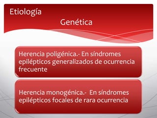 Etiología
                Genética


  Herencia poligénica.- En síndromes
  epilépticos generalizados de ocurrencia
  frecuente


  Herencia monogénica.- En síndromes
  epilépticos focales de rara ocurrencia
 