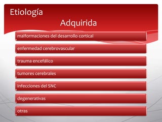 Etiología
                         Adquirida
  malformaciones del desarrollo cortical
            malformaciones
             del      desarrollo
             cortical
  enfermedad cerebrovascular

  trauma encefálico

  tumores cerebrales

  infecciones del SNC

  degenerativas

  otras
 