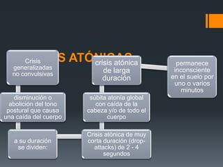 CRISIS ATÓNICAS
       Crisis    crisis atónica                  permanece
  generalizadas                                 inconsciente
  no convulsivas
                            de larga
                            duración           en el suelo por
                                                uno o varios
                                                  minutos
   disminución o        súbita atonía global
  abolición del tono      con caída de la
 postural que causa    cabeza y/o de todo el
una caída del cuerpo          cuerpo

                       Crisis atónica de muy
   a su duración       corta duración (drop-
    se dividen:           attacks) de 2 - 4
                              segundos
 