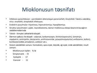 Mioklonusun t snifatıə
• İnfeksion-parainfeksion : yarımk skin sklerozlaşan panensefalit, Kreytsfeld- Yakob a x st liyi,ə ə ə
virus ensefaliti, streptokok infeksiyası.
• Endokrin pozulmalar: hipotireoz, hiponatriemiya, hipoqlikemiya.
• Struktur pozulmaları: şişl r, neyroblastoma, damar mioklonusu körpü-beyincik bucağınınə
z d l nm l rində ə ə ə ə ə
• Toksik – kimy vi z h rl rl laq li.ə ə ə ə ə ə ə
• D rman q bulu il laq li : valproat, karbamazepin, fenitoin(eponutin), lamotrijin,ə ə ə ə ə
viqabatrin, amitriptilin, dezipramin, antihistaminl r, psixostimulyatorlar( amfetamin, kofein),ə
kortikosteroidl r,amiadoron, asiklovir v s.ə ə
• Sistem x st likl r zamanı: hemodializ, qara ciy r, böyr k, ağ ciy r, ür k x st likl ri, insultə ə ə ə ə ə ə ə ə ə
zamanı.
• Mioklonusun tipl ri: %-lə ə
• Simptomatik - 72
• Epileptik - 17
• Esensial - 11
 