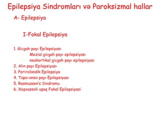 Epilepsiya Sindromları və Paroksizmal hallar
A- Epilepsiya
I-Fokal Epilepsiya
1. Gicgah payı Epilepsiyası
• Mezial gicgah payı epilepsiyası
• neokortikal gicgah payı epilepsiyası
2. Alın payı Epilepsiyası
3. Perirolandik Epilepsiya
4. T p - ns payıə ə ə ə Epilepsiyası
5. Rasmussen’s Sindromu
6. Xoşxass li uşaqə Fokal Epilepsiyasi
 