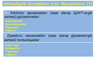Antiepileptik d rmanlarınə t sirə Mexanizmləri (1)
 İnhibitor mexanizmləri (əsas olaraq QAYT-ergik
sistemi) gücl ndir nl rə ə ə .
•Barbituratlar
•Benzodiazepinler
•Vigabatrin
•Valproat
Oyandırıcı mexanizmləri (əsas olaraq glutamatergik
sistemi) tormozlayanlar.
•Lamotrigin
•Gabapentin
•Topiromat
•Valproat
 