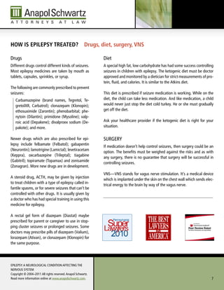 hoW is epilepsy treated? drugs, diet, surgery, Vns

drugs                                                         diet
different drugs control different kinds of seizures.          A special high fat, low carbohydrate has had some success controlling
Most epilepsy medicines are taken by mouth as                 seizures in children with epilepsy. The ketogenic diet must be doctor
tablets, capsules, sprinkles, or syrup.                       approved and monitored by a dietician for strict measurements of pro-
                                                              tein, fluid, and calories. it is similar to the Atkins diet.
The following are commonly prescribed to prevent
seizures:                                                     This diet is prescribed if seizure medication is working. While on the
   Carbamazepine (brand names, Tegretol, Te-                  diet, the child can take less medication. And like medication, a child
   gretolxR, Carbatrol); clonazepam (Klonopin);               would never just stop the diet cold turkey. He or she must gradually
   ethosuximide (zarontin); phenobarbital; phe-               get off the diet.
   nytoin (dilantin); primidone (Mysoline); valp-
   roic acid (depakene); divalproex sodium (de-               Ask your healthcare provider if the ketogenic diet is right for your
   pakote); and more.                                         situation.


Newer drugs which are also prescribed for epi-                SuRGERy
lepsy include felbamate (Felbatol); gabapentin
                                                              if medication doesn’t help control seizures, then surgery could be an
(Neurontin); lamotrigine (lamictal); levetiracetam
                                                              option. The benefits must be weighed against the risks and as with
(Keppra), oxcarbazepine (Trileptal); tiagabine
                                                              any surgery, there is no guarantee that surgery will be successful in
(Gabitril); topiramate (Topamax) and zonisamide
                                                              controlling seizures.
(zonagran). More new drugs are in development.
                                                              VNS—VNS stands for vagus nerve stimulation. it’s a medical device
A steroid drug, ACTH, may be given by injection
                                                              which is implanted under the skin on the chest wall which sends elec-
to treat children with a type of epilepsy called in-
                                                              trical energy to the brain by way of the vagus nerve.
fantile spasms, or for severe seizures that can’t be
controlled with other drugs. it is usually given by
a doctor who has had special training in using this
medicine for epilepsy.

A rectal gel form of diazepam (diastat) maybe
prescribed for parent or caregiver to use in stop-
ping cluster seizures or prolonged seizures. Some
doctors may prescribe pills of diazepam (Valium),
lorazepam (Ativan), or clonazepam (Klonopin) for
the same purpose.




EPilEPSy: A NEuROlOGiCAl CONdiTiON AFFECTiNG THE
NERVOuS SySTEM
Copyright © 2004–2011 All rights reserved. Anapol Schwartz.
Read more information online at www.anapolschwartz.com.                                                                           7
 