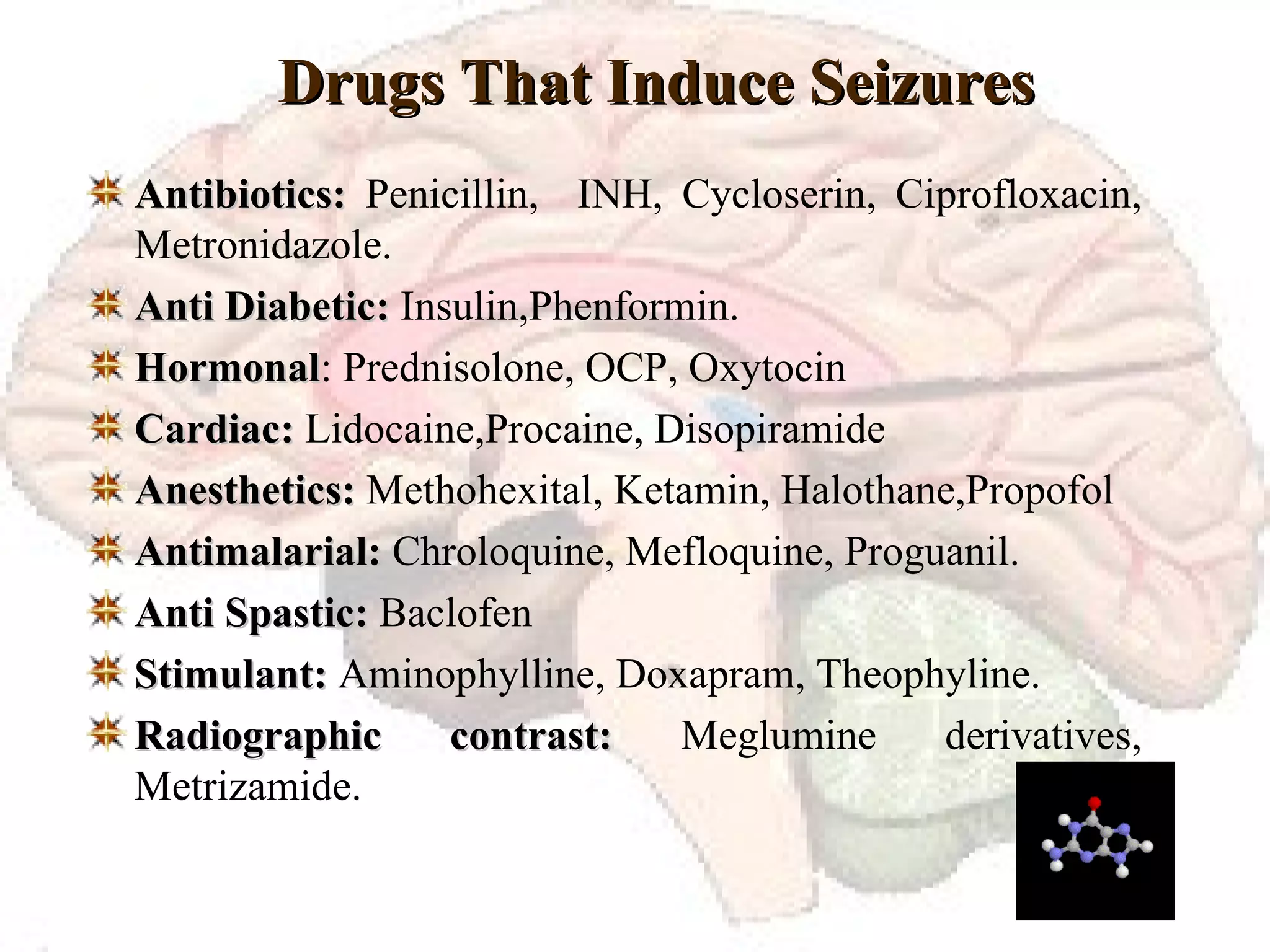 Drugs That Induce Seizures Antibiotics:  Penicillin,  INH, Cycloserin, Ciprofloxacin, Metronidazole. Anti Diabetic:  Insulin,Phenformin. Hormonal : Prednisolone, OCP, Oxytocin Cardiac:  Lidocaine,Procaine, Disopiramide Anesthetics:  Methohexital, Ketamin, Halothane,Propofol Antimalarial:  Chroloquine, Mefloquine, Proguanil. Anti Spastic:  Baclofen Stimulant:  Aminophylline, Doxapram, Theophyline. Radiographic contrast:  Meglumine derivatives, Metrizamide. 