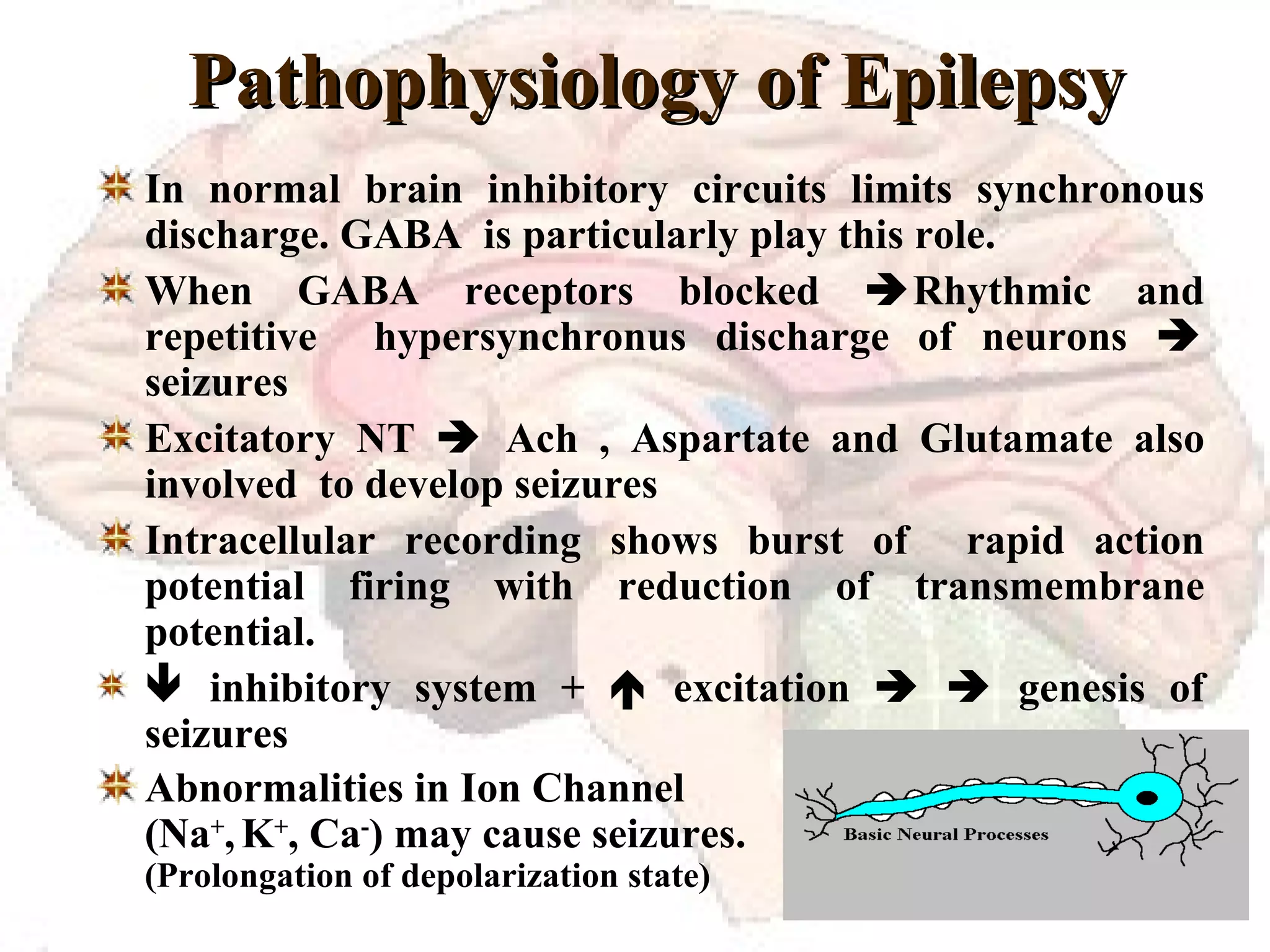 Pathophysiology of Epilepsy In normal brain inhibitory circuits limits synchronous discharge. GABA  is particularly play this role. When GABA receptors blocked   Rhythmic and repetitive  hypersynchronus discharge of neurons    seizures Excitatory NT    Ach , Aspartate and Glutamate also involved  to develop seizures Intracellular recording shows burst of  rapid action potential firing with reduction of transmembrane potential.    inhibitory system +    excitation       genesis of seizures Abnormalities in Ion Channel (Na + ,   K + , Ca - ) may cause seizures. (Prolongation of depolarization state) 