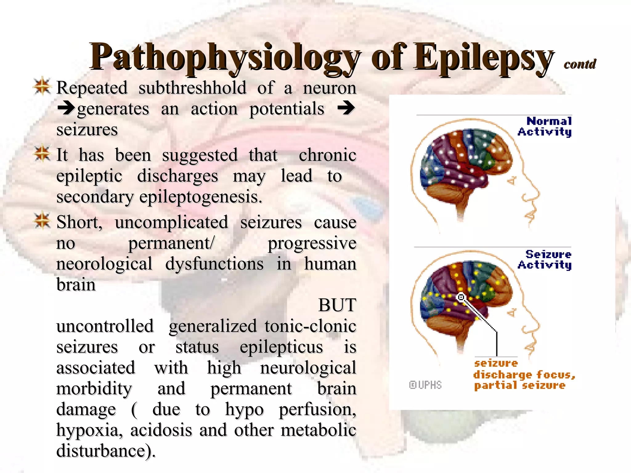Pathophysiology of Epilepsy  contd Repeated subthreshhold of a neuron   generates an action potentials    seizures It has been suggested that  chronic epileptic discharges may lead to  secondary epileptogenesis. Short, uncomplicated seizures cause no permanent/ progressive neorological dysfunctions in human brain   BUT uncontrolled  generalized tonic-clonic seizures or status epilepticus is associated with high neurological morbidity and permanent brain damage ( due to hypo perfusion, hypoxia, acidosis and other metabolic disturbance). 