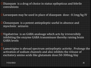 0 Diazepam is a drug of choice in status epilepticus and febrile
convulsions
0 Lorazepam may be used in place of diazepam dose : 0.1mg/kg IV
0 Clonazepam is a potent antiepileptic useful in absence and
myoclonic seizures
0 Vigabatrine is an GABA analouge which acts by irreversibily
inhibiting the enzyme GABA transminase thereby raising brain
GABA levels
0
0 Lamotrigine is abroad spectrum antiepileptic activity . Prolongs the
activation of sodium channels and also inhibits the release of
excitatory amino acids like glutamate dose:50-300mg/day
7/23/2013 31
 