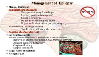 Management of EpilepsyManagement of Epilepsy
Medical treatment:
Immediate care of seizuresImmediate care of seizures
Move persons away from danger
Recovery position (semi prone)
Ensure clear airway
Do not insert anything into mouth
Urgent medical attention- (patent airway, O2 ,
anticonvulsant, investigate cause)
Should not be left alone after recovery
Consider about regular AEDConsider about regular AED
Surgical treatment:
Indicated when seizures shown to be intractable to medical treatment.
Removal of epileptic focus (eg:mesial temporal sclerosis)
Anterior Temporal Lobectomy
Corpus callostomy
Subpial transection
Vagus Nerve stimulation
Ketogenic diet
 