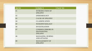 SR.NO SUBJECT PAGE NO
01 INTRODUCTION OF
EPILEPSY
02 EPIDEMIOLOGY
03 CAUSE OF EPILEPSY
04 CLASSIFICATION
05 PATHOPHYSIOLOGY
06 INVESTIGATION
07 COMMON ERRORS IN
DIAFNOSTING
EPILEPSY
08 MANAGING, DURING
AND ATTACKS
09 MANAGEMENT OF
EPILEPSY
 
