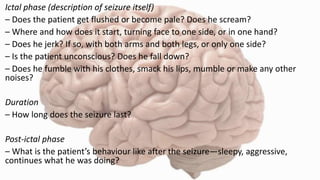 Ictal phase (description of seizure itself)
– Does the patient get flushed or become pale? Does he scream?
– Where and how does it start, turning face to one side, or in one hand?
– Does he jerk? If so, with both arms and both legs, or only one side?
– Is the patient unconscious? Does he fall down?
– Does he fumble with his clothes, smack his lips, mumble or make any other
noises?
Duration
– How long does the seizure last?
Post-ictal phase
– What is the patient’s behaviour like after the seizure—sleepy, aggressive,
continues what he was doing?
 